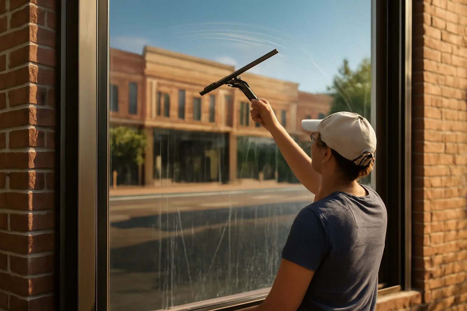 Person cleaning a storefront window on an Alabama downtown street