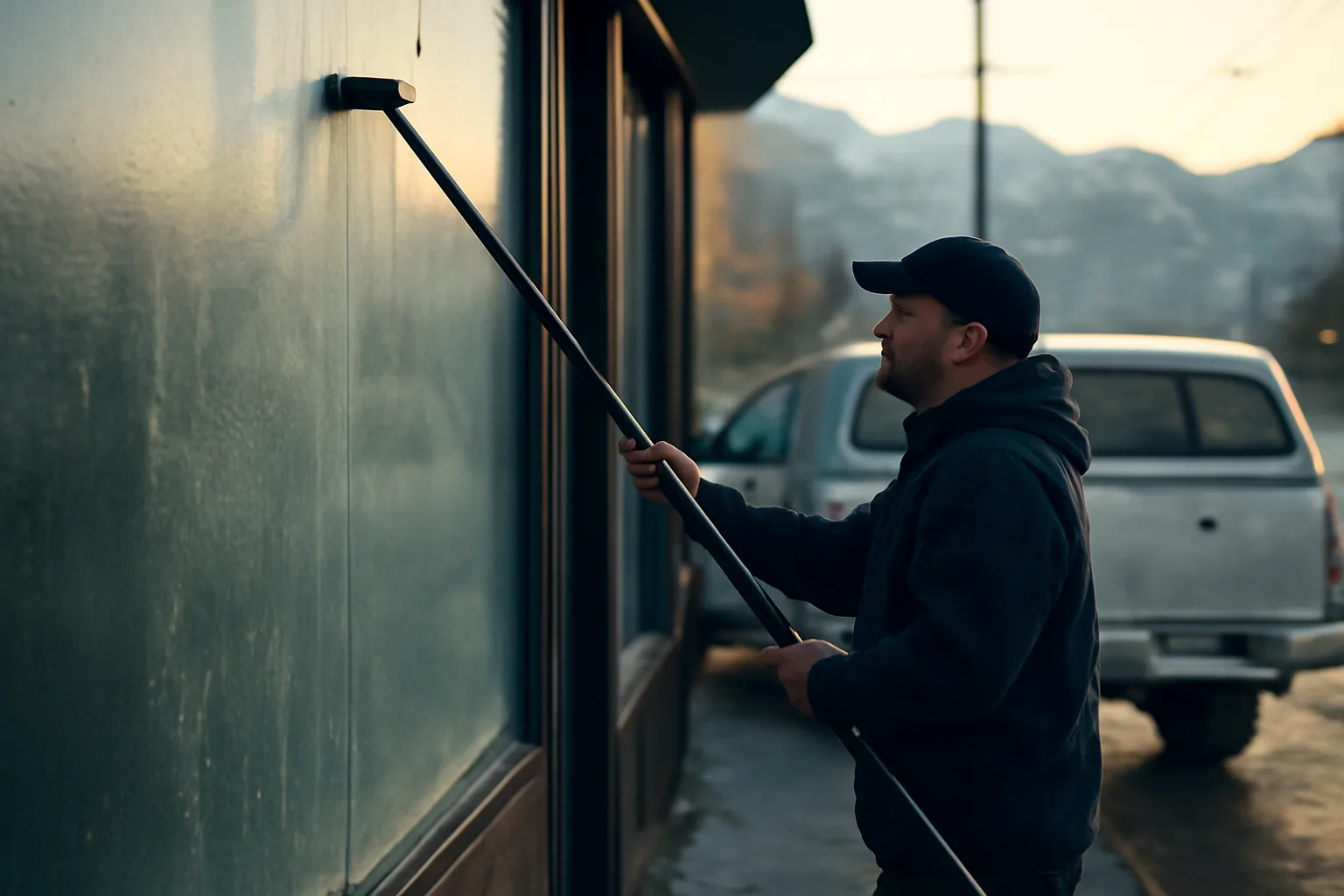 Storefront window cleaner using a water-fed pole on Alaska storefront glass