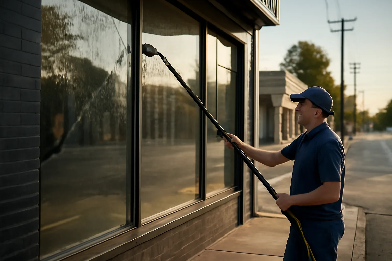 Window cleaner with water-fed pole cleaning a storefront window on a Nashville street