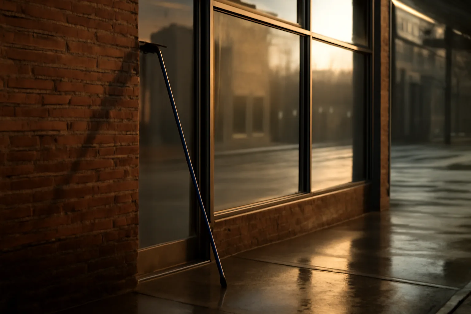 Clean storefront window on a Birmingham morning with a water-fed pole resting nearby