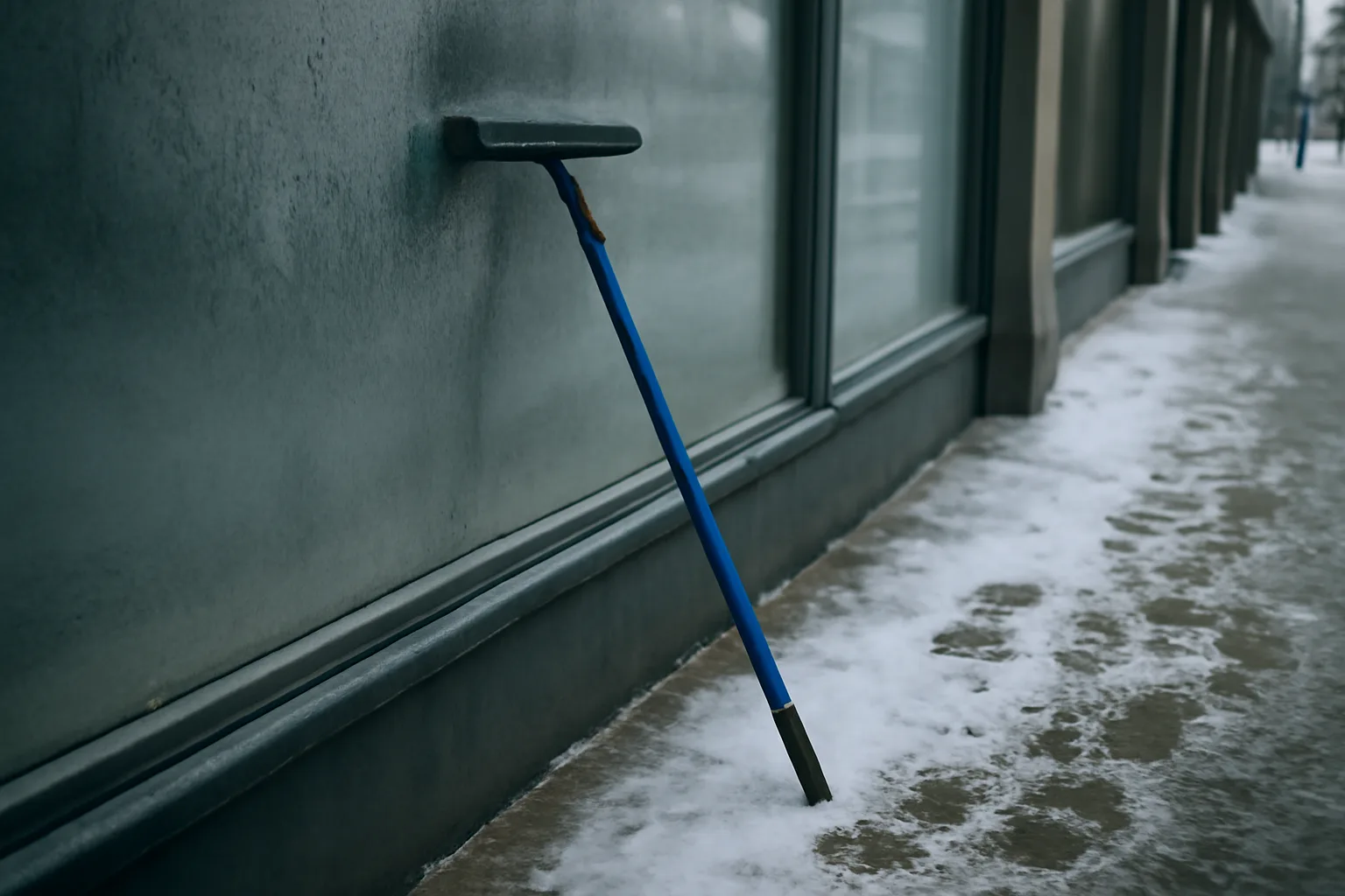 Pole and squeegee against a frosty Alaska storefront window in winter