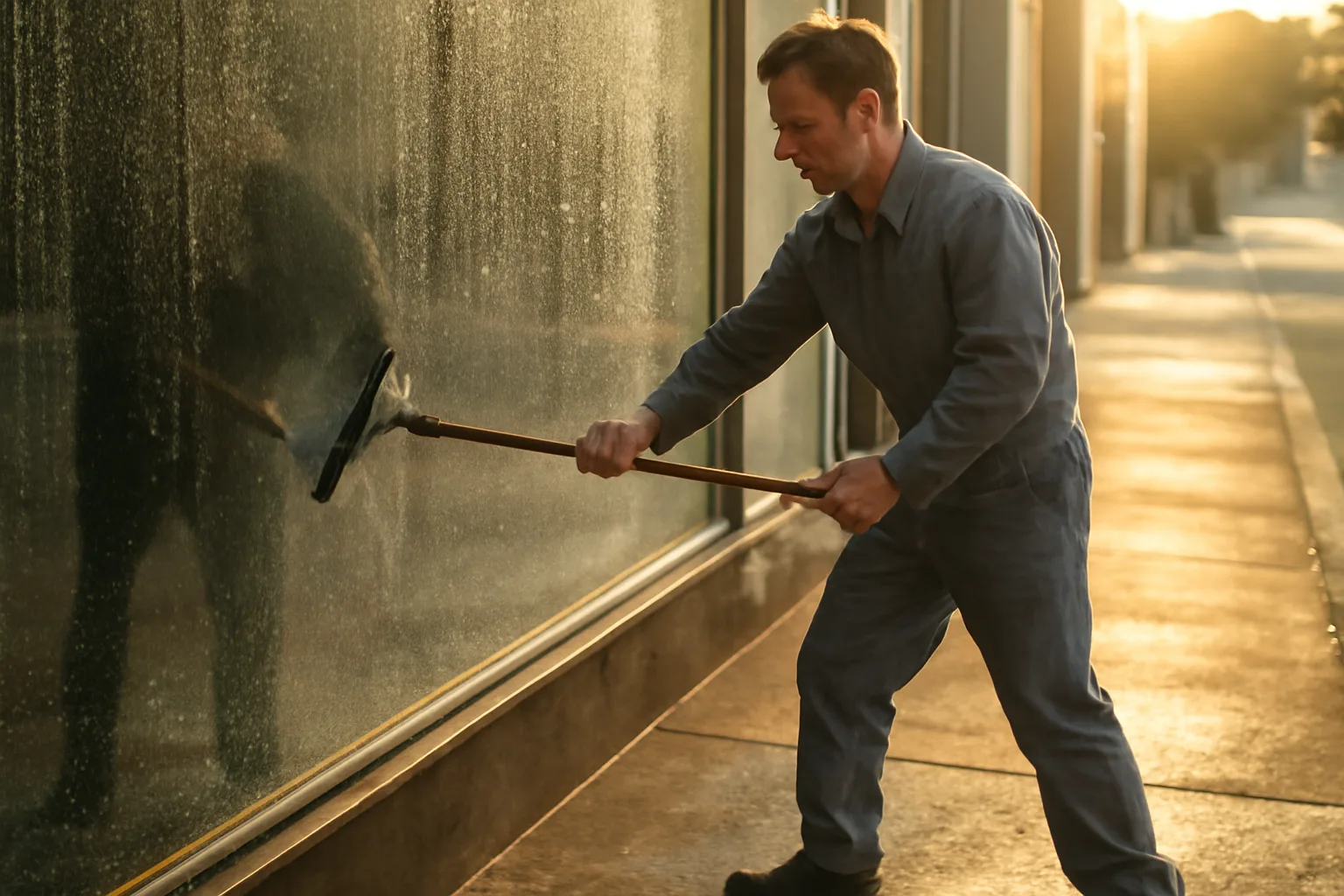 Worker cleaning plate glass storefront window in Montgomery, Alabama, morning sun