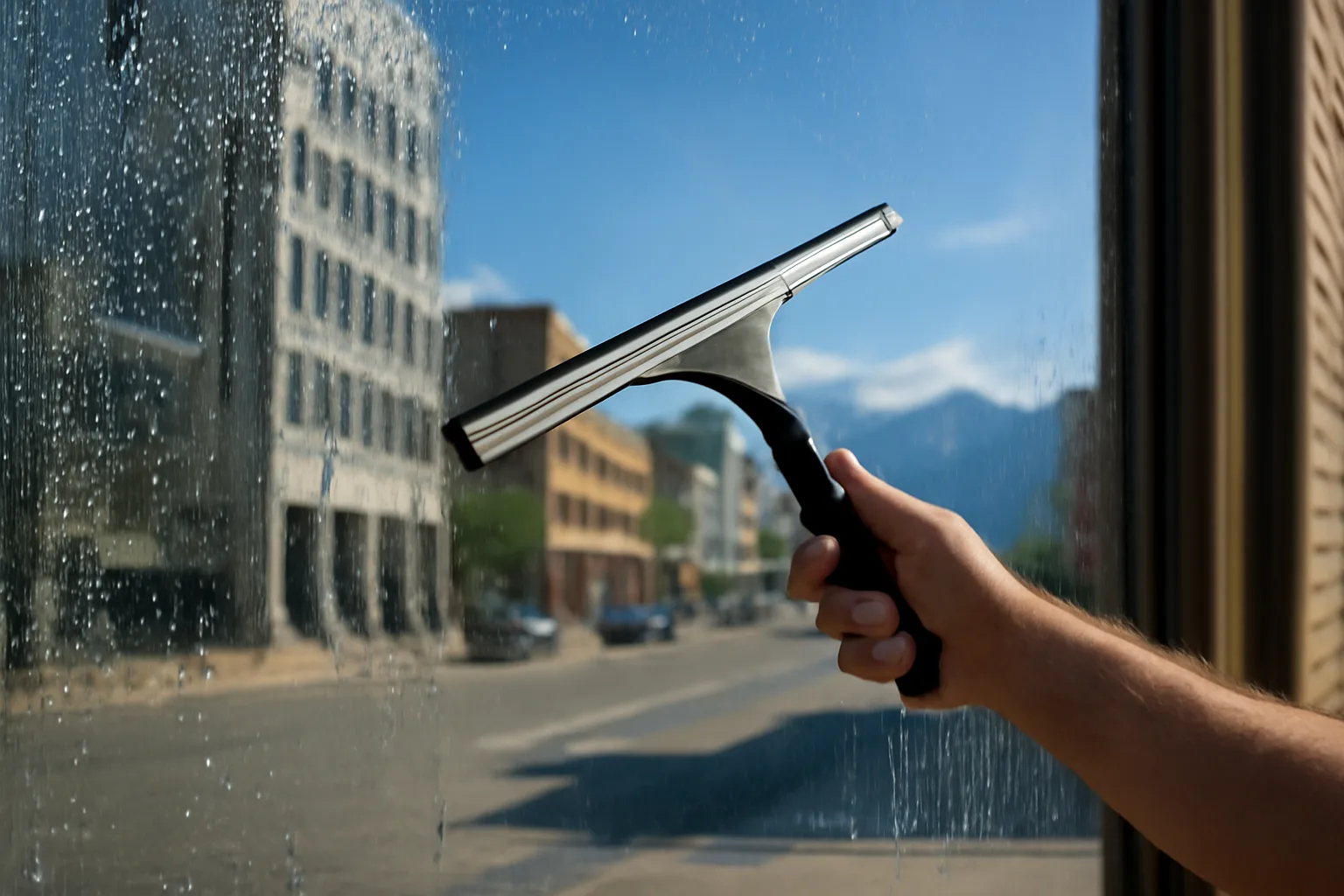 window cleaner squeegeeing a sunny anchorage storefront, mountains reflecting in the glass