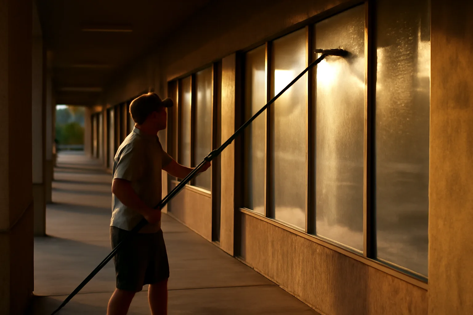 Worker using a water-fed pole to clean a storefront window in a Phoenix strip mall