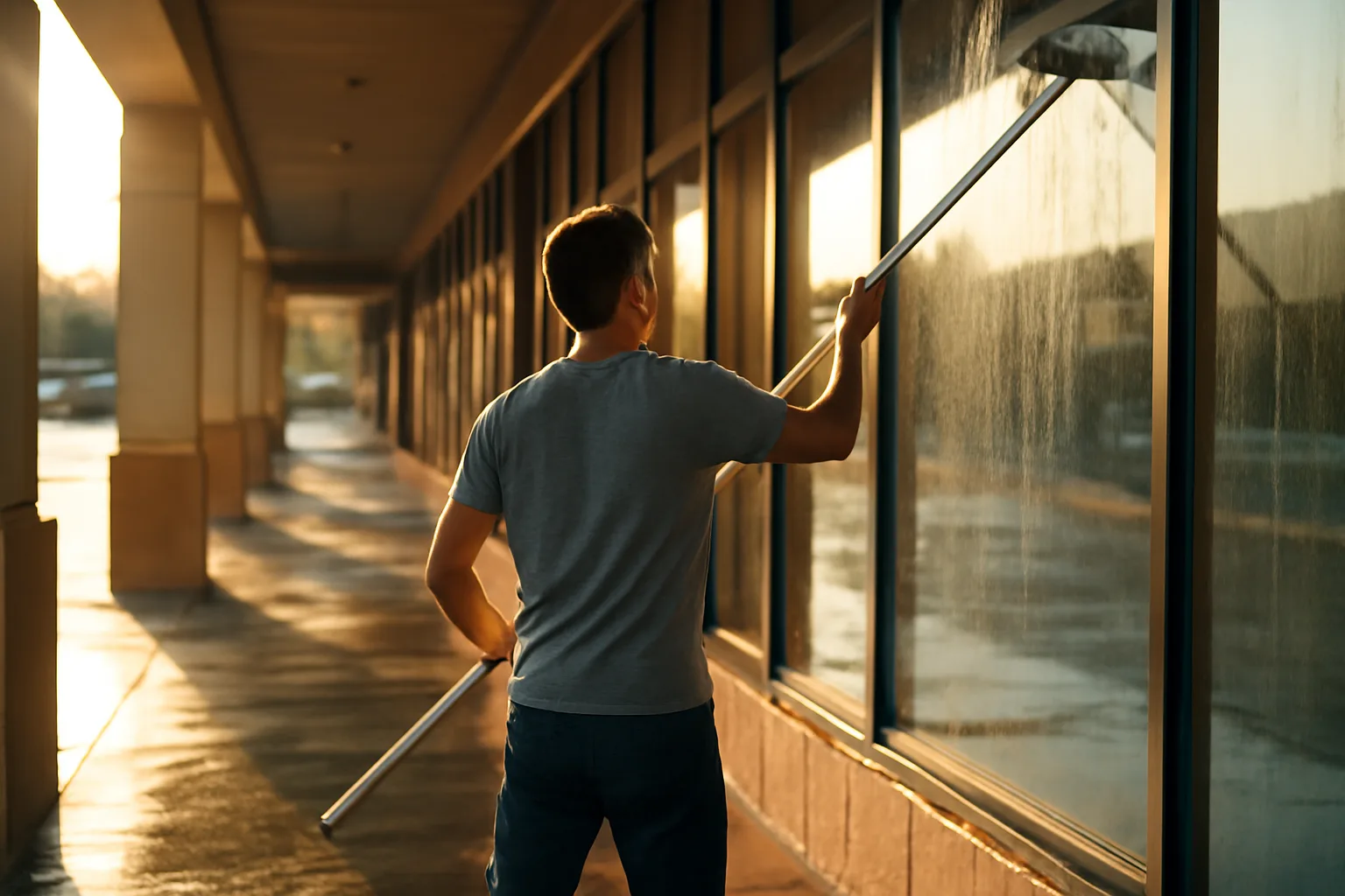 Person washing California storefront windows with a water-fed pole