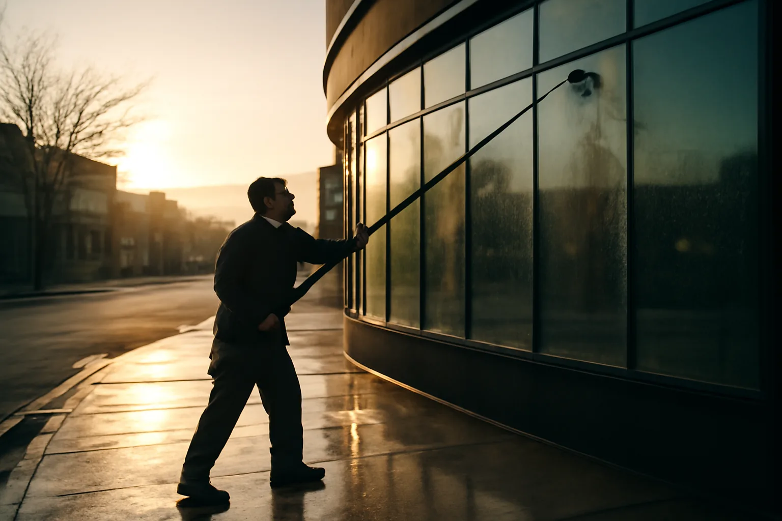 Window cleaner washing a Denver storefront with a water-fed pole