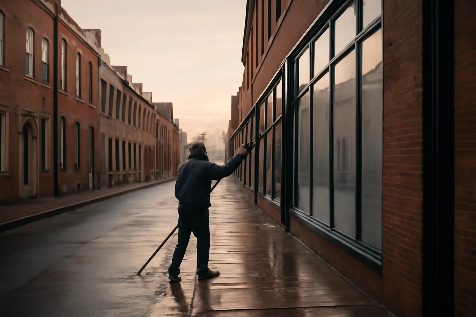 Worker washing a Connecticut storefront with a long water-fed pole