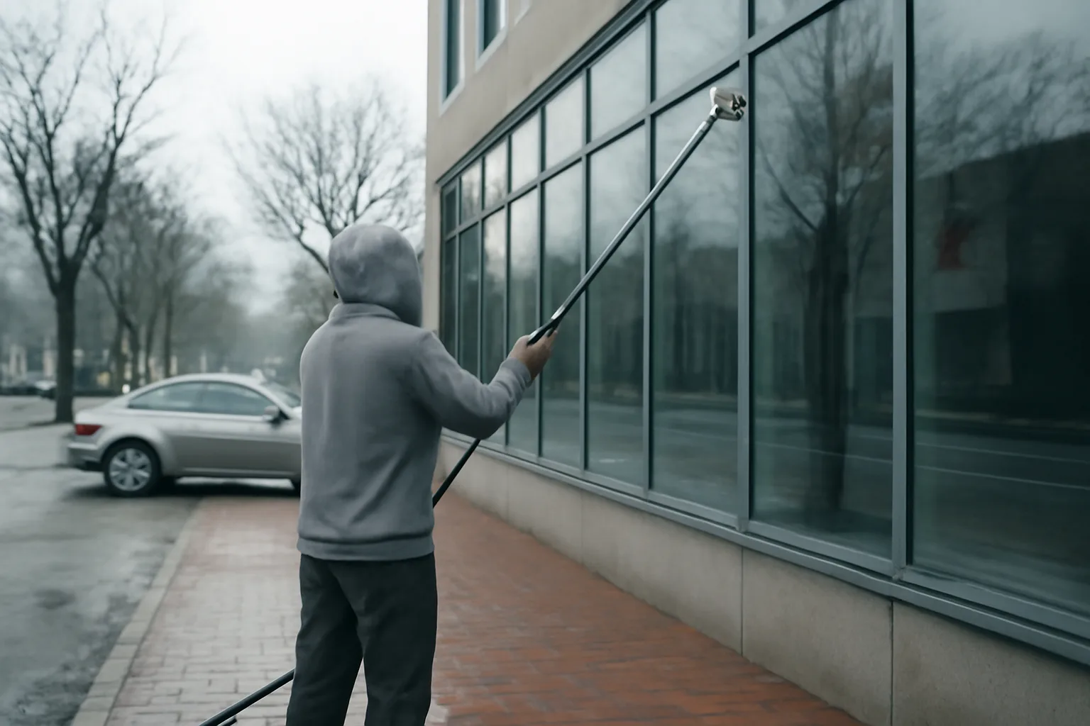 Worker cleaning storefront windows on a quiet Dover street at dawn