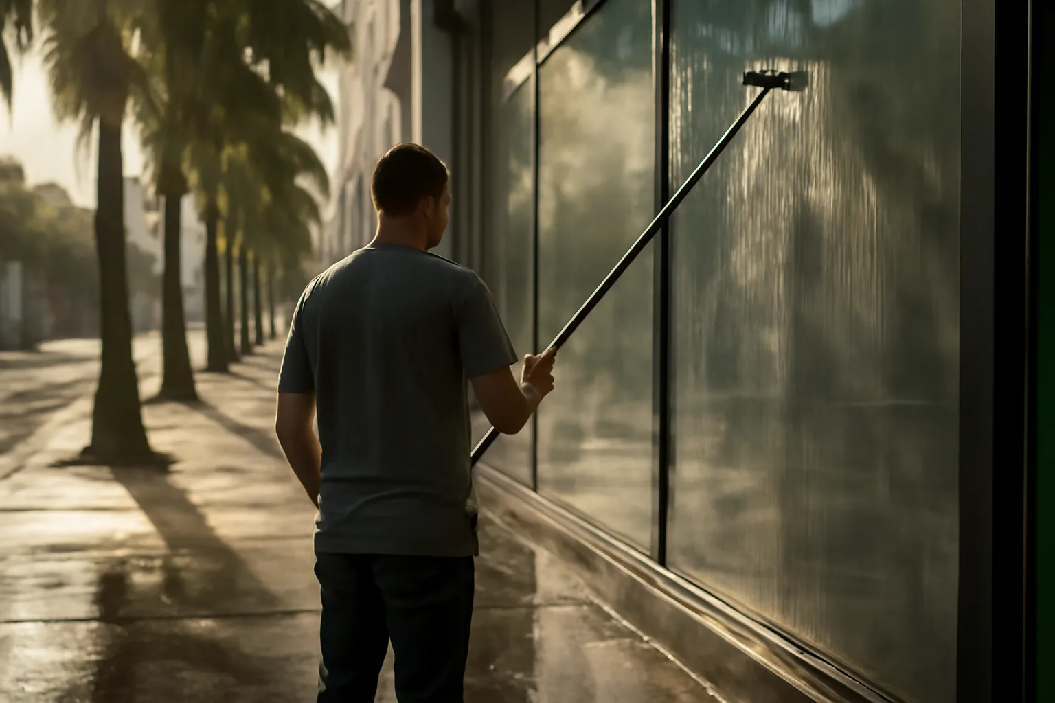 Worker rinsing blank Florida storefront glass with a water-fed pole