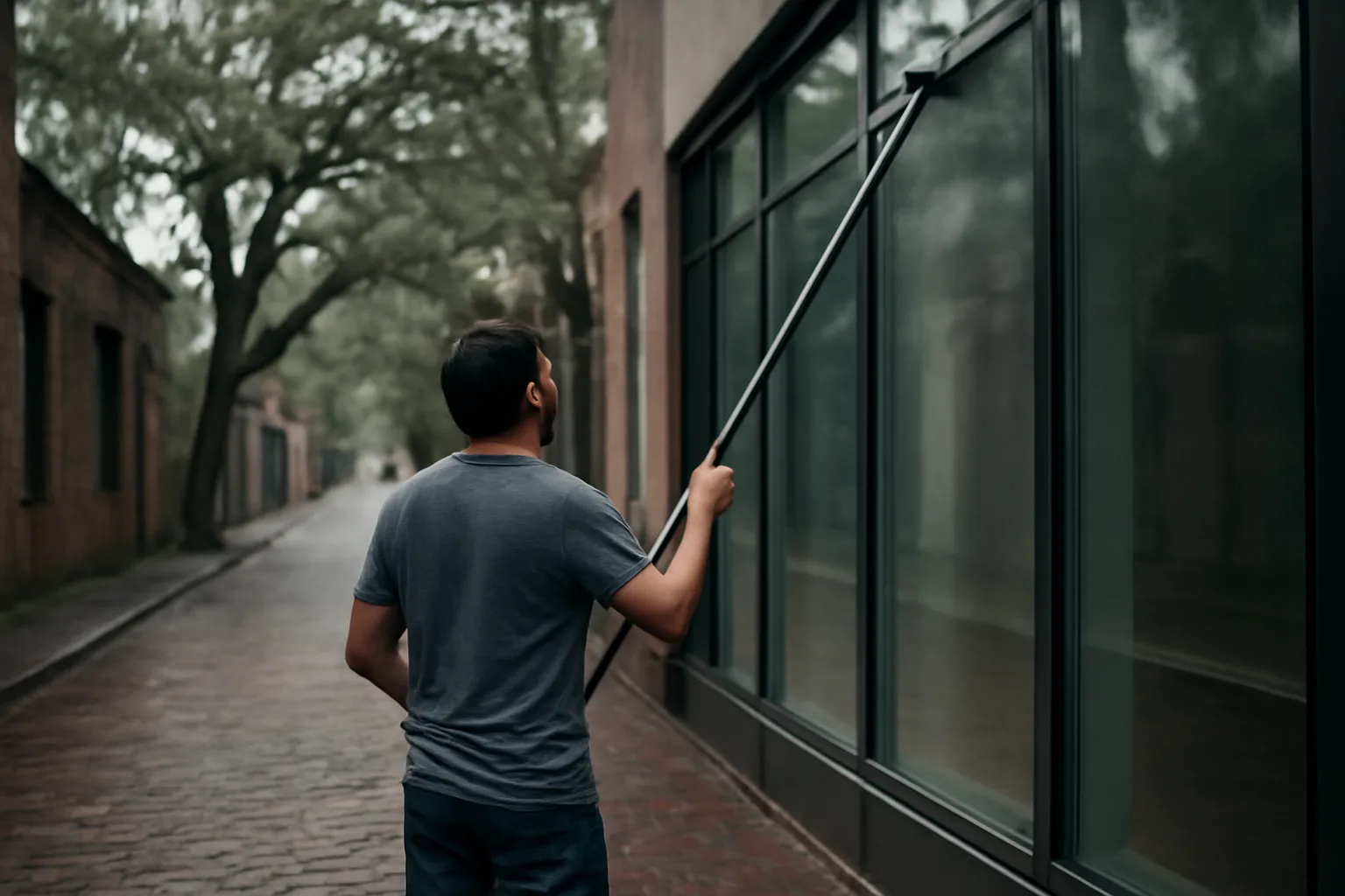 Person washing a blank Georgia storefront window with a pole