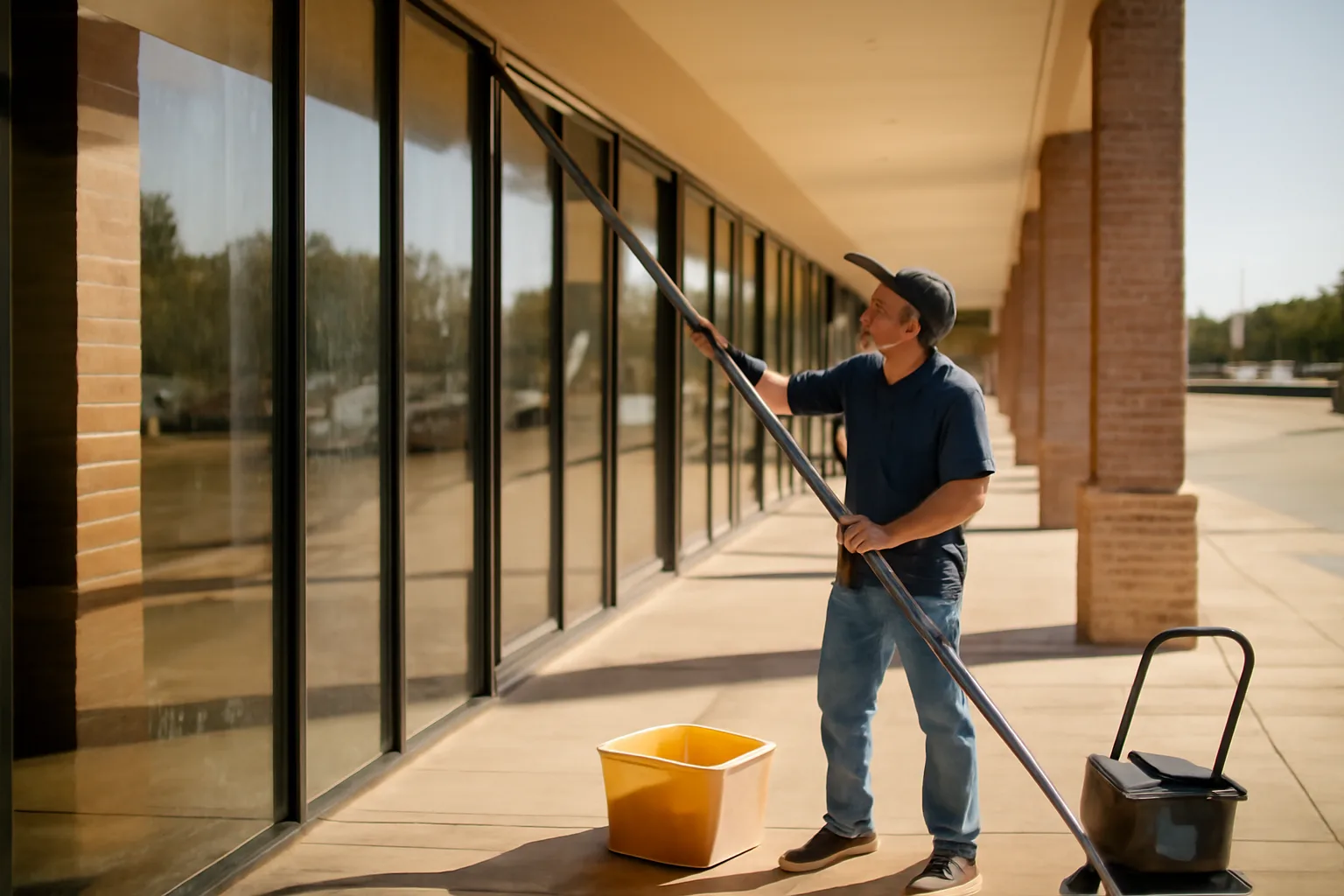 Worker cleaning tall storefront windows on a Texas strip mall with a water-fed pole