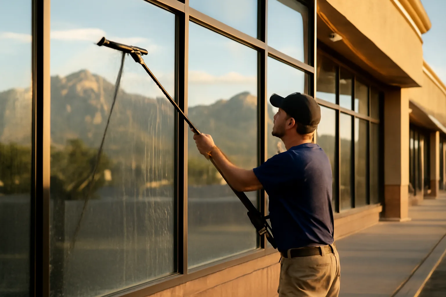 Window cleaner using squeegee on storefront glass with Utah mountain reflection