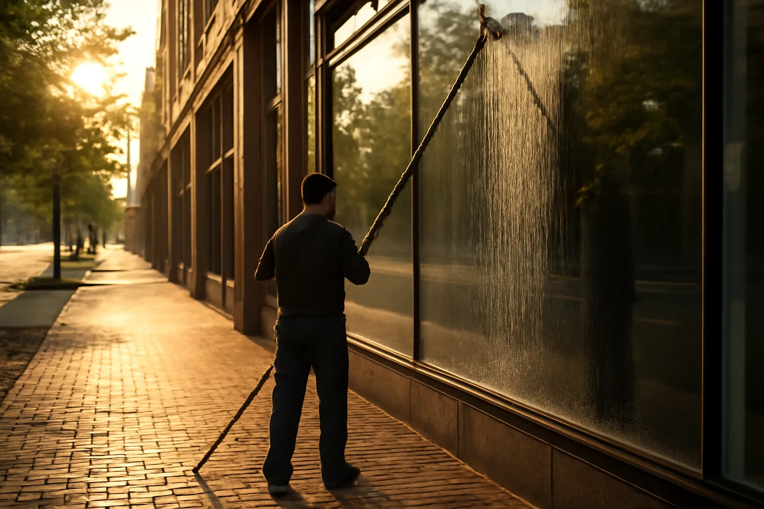 Window cleaner poles unmarked Little Rock storefront glass at sunrise