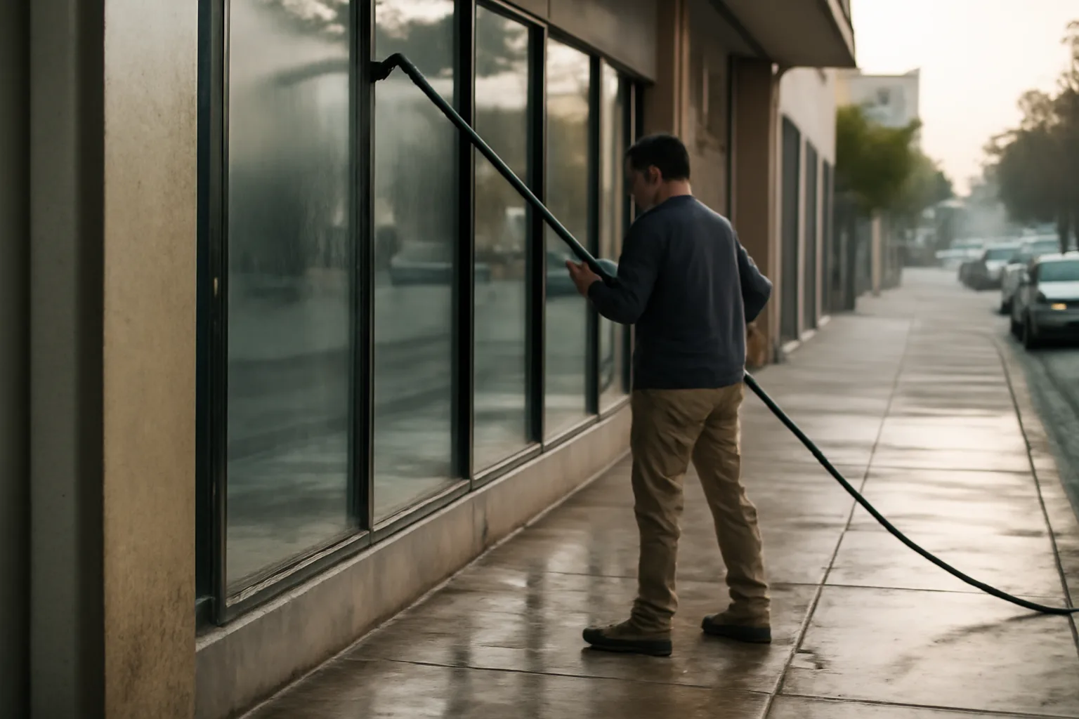 Worker washing a California storefront window with a water pole