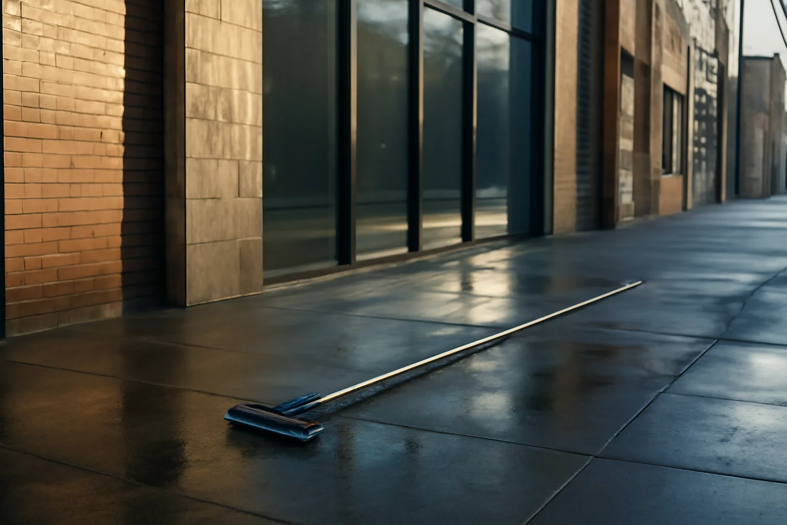 Water-fed pole by a Denver storefront window at sunrise