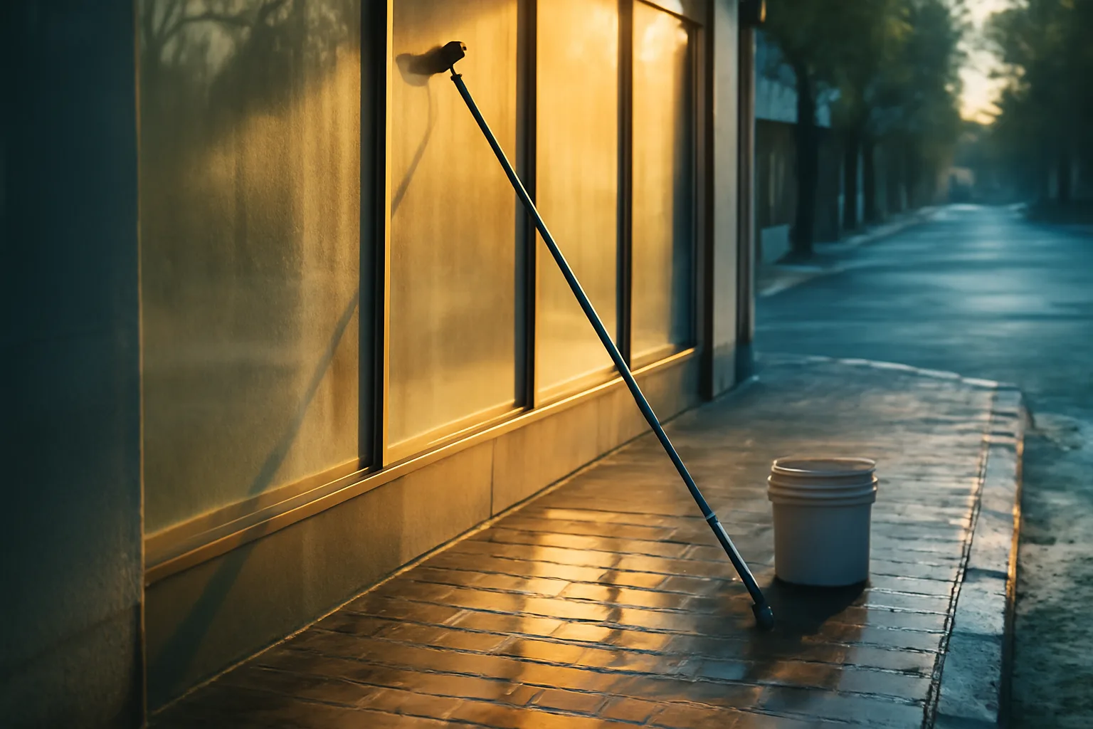 Water-fed pole by unmarked Delaware storefront windows at sunrise