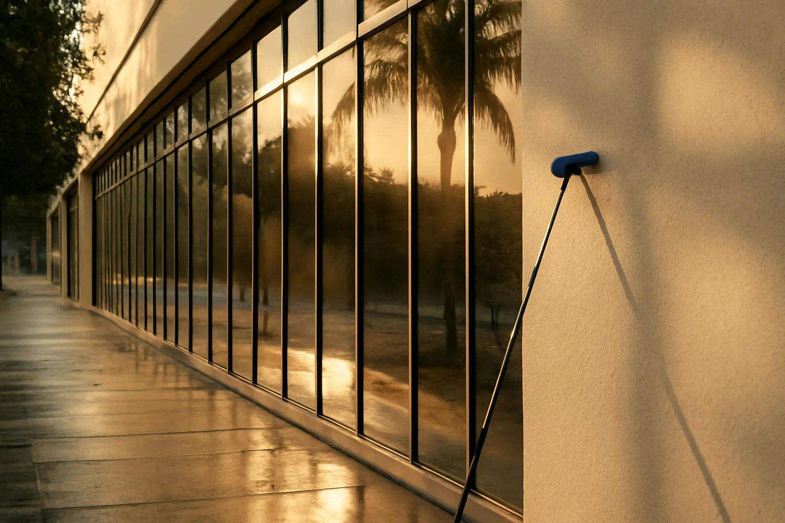 Unmarked Florida storefront windows and a water pole on a sidewalk