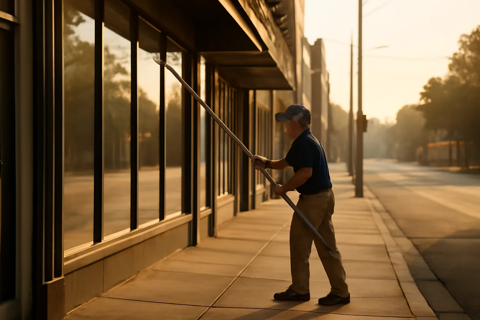 Window cleaner with extension pole washing storefront glass on a Tennessee commercial street at dawn