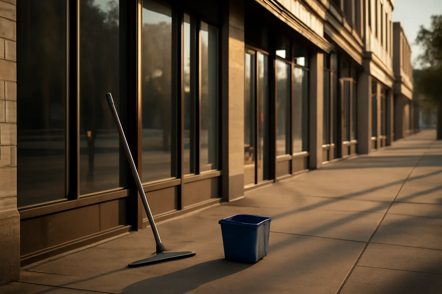 Clean storefront windows on a Texas downtown street at early morning with squeegee and bucket on sidewalk