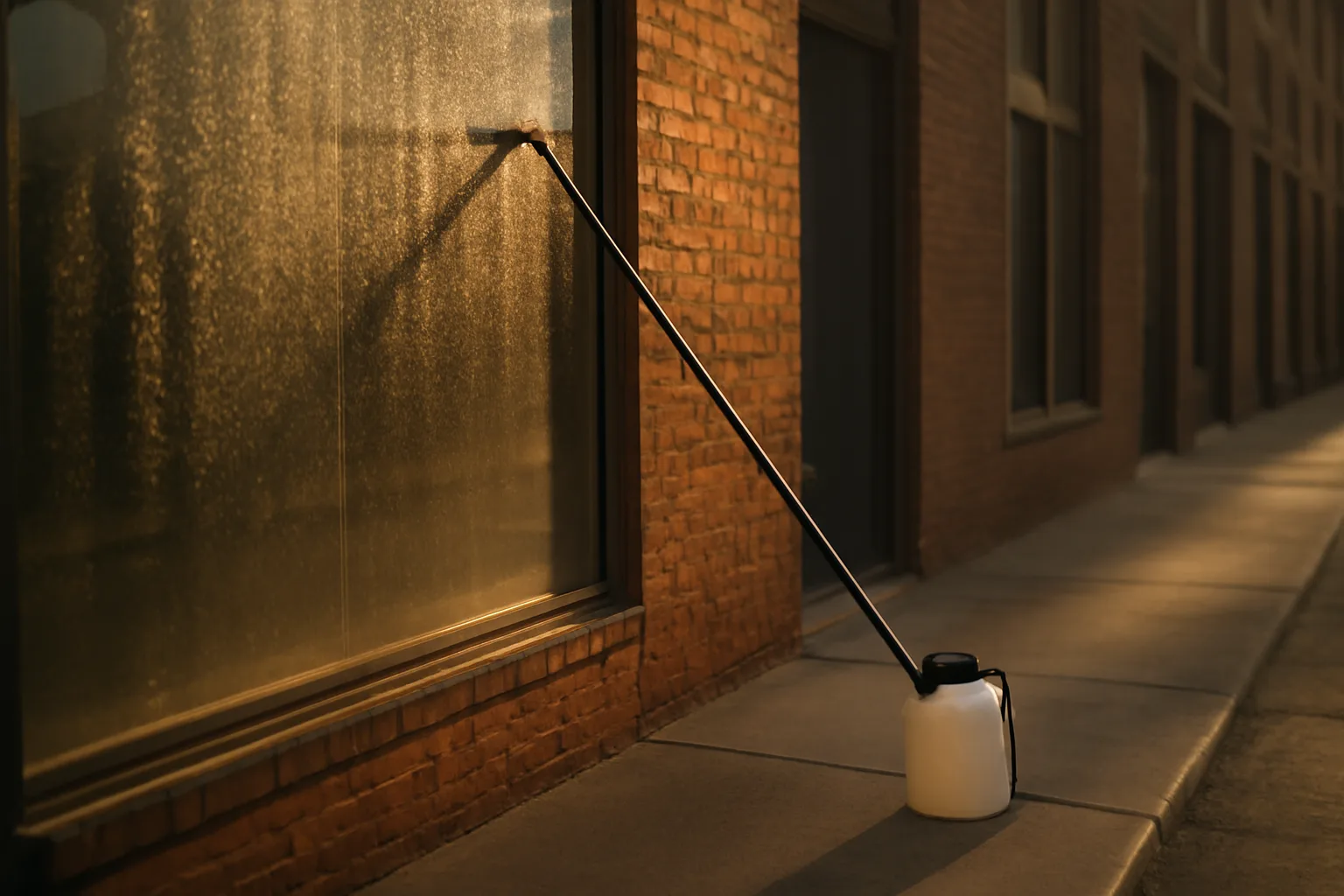 Wet storefront windows and a water pole at dawn in Little Rock