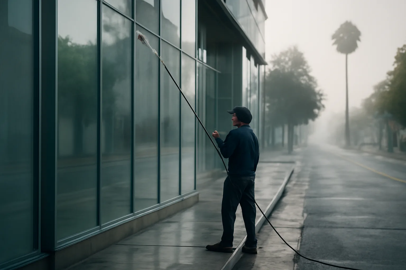 Window cleaner washing a glass storefront on a quiet California street
