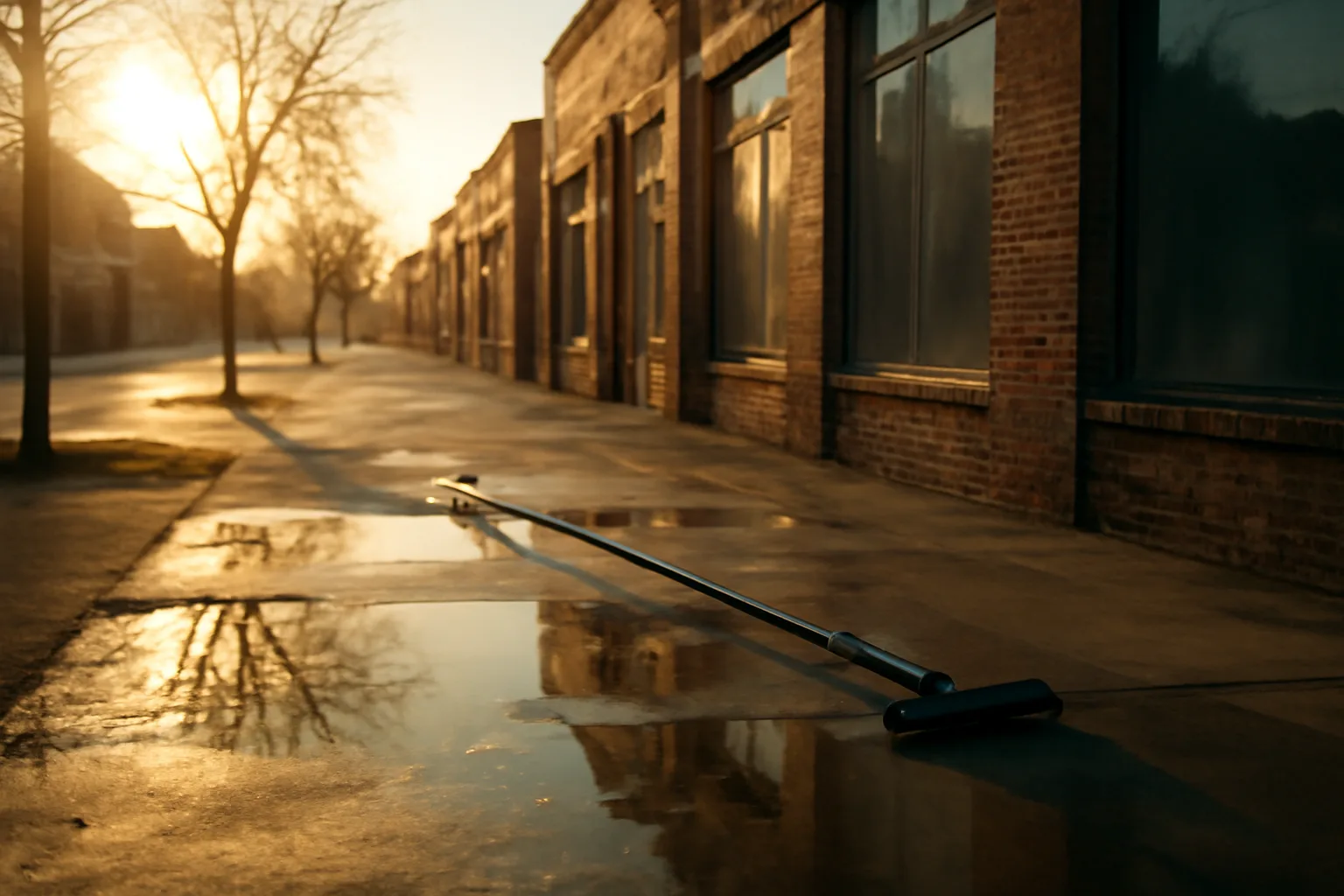 Morning light on wet Colorado storefront windows and a water pole