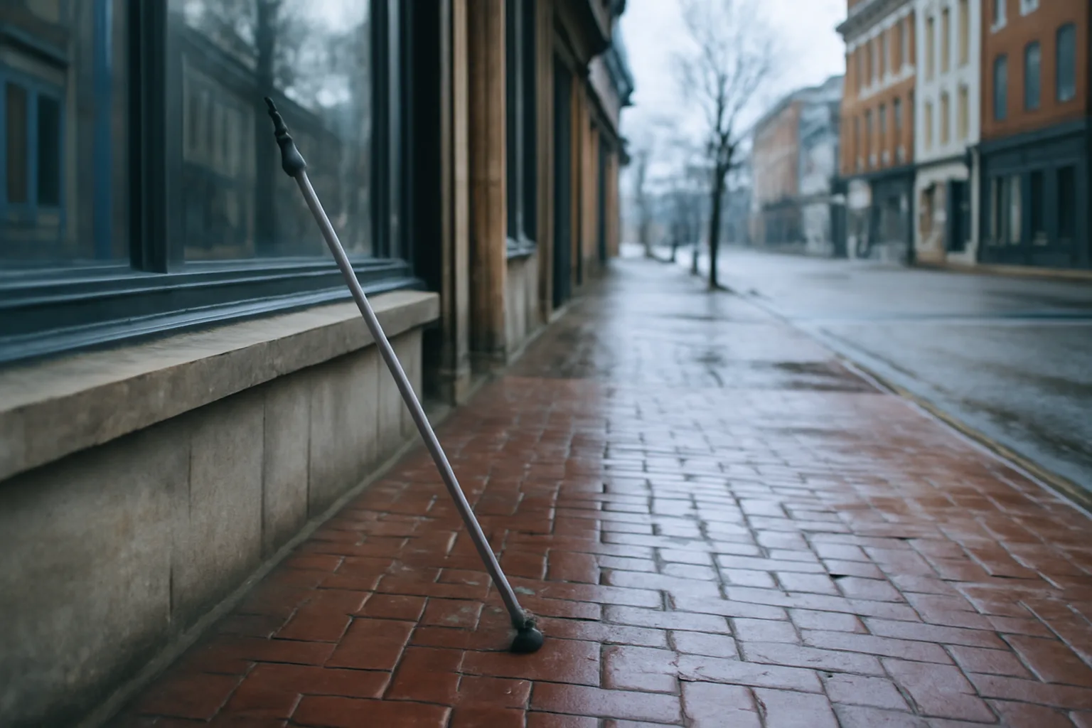 Water pole on wet brick beside a Connecticut storefront at dawn