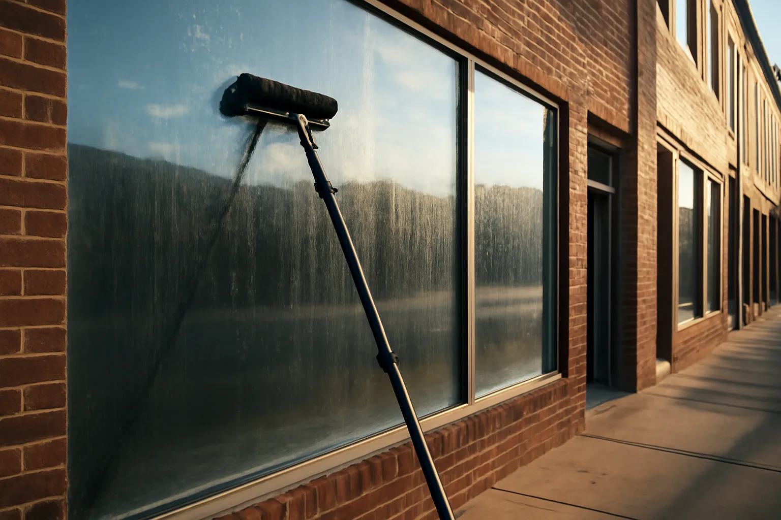 Unmarked Delaware storefront windows with a water-fed pole at sunrise