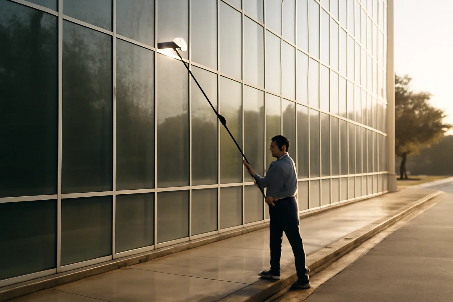Worker washing unbranded Florida storefront windows with a water-fed pole
