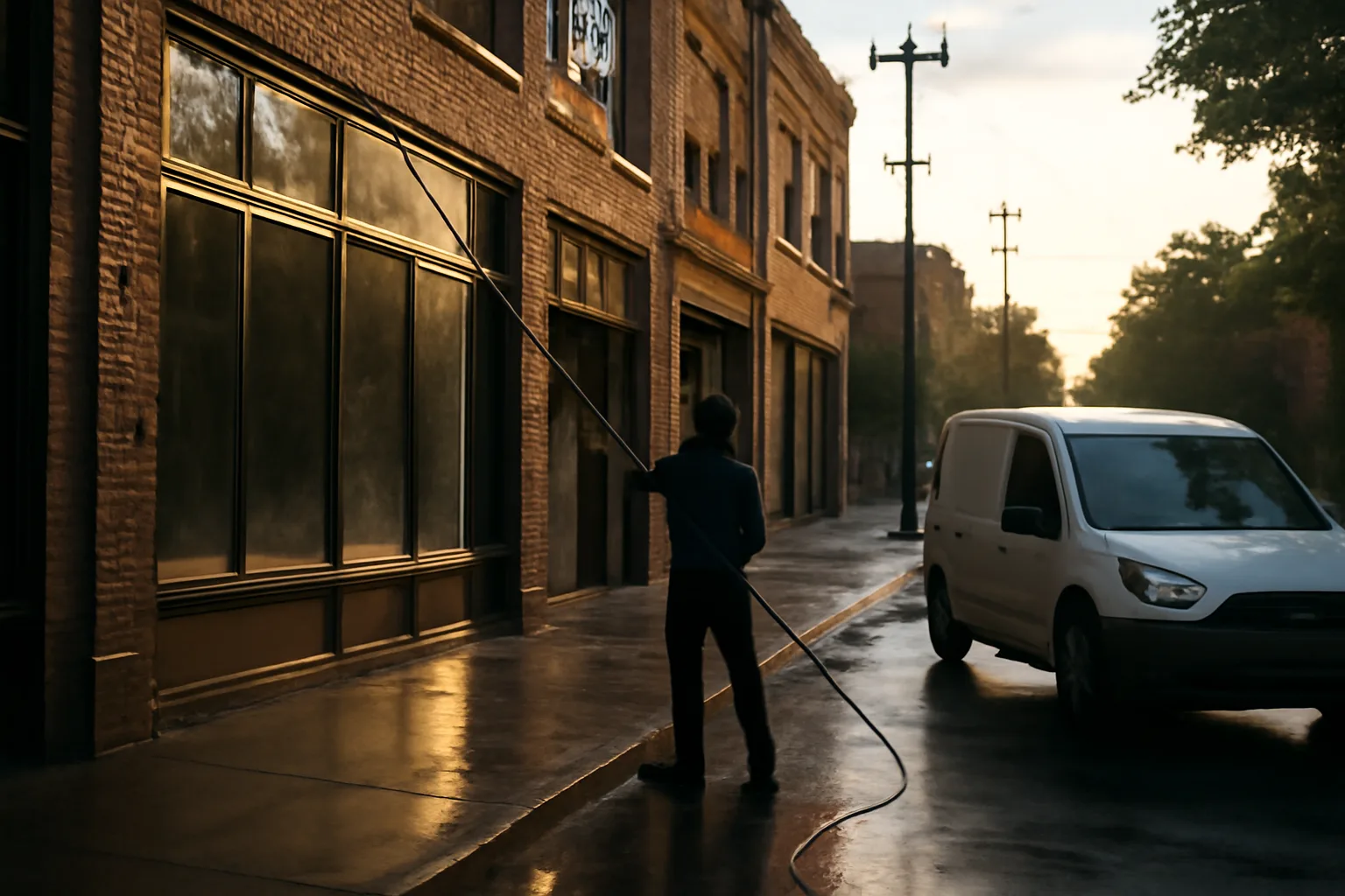 Person washing storefront windows on a quiet Atlanta street