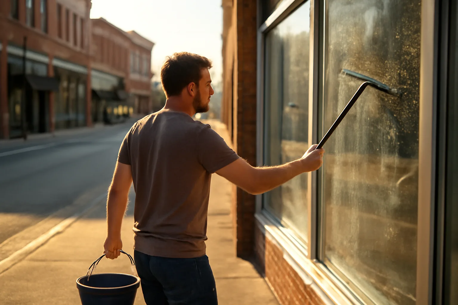 Window cleaner working on large storefront windows in a Tennessee commercial district