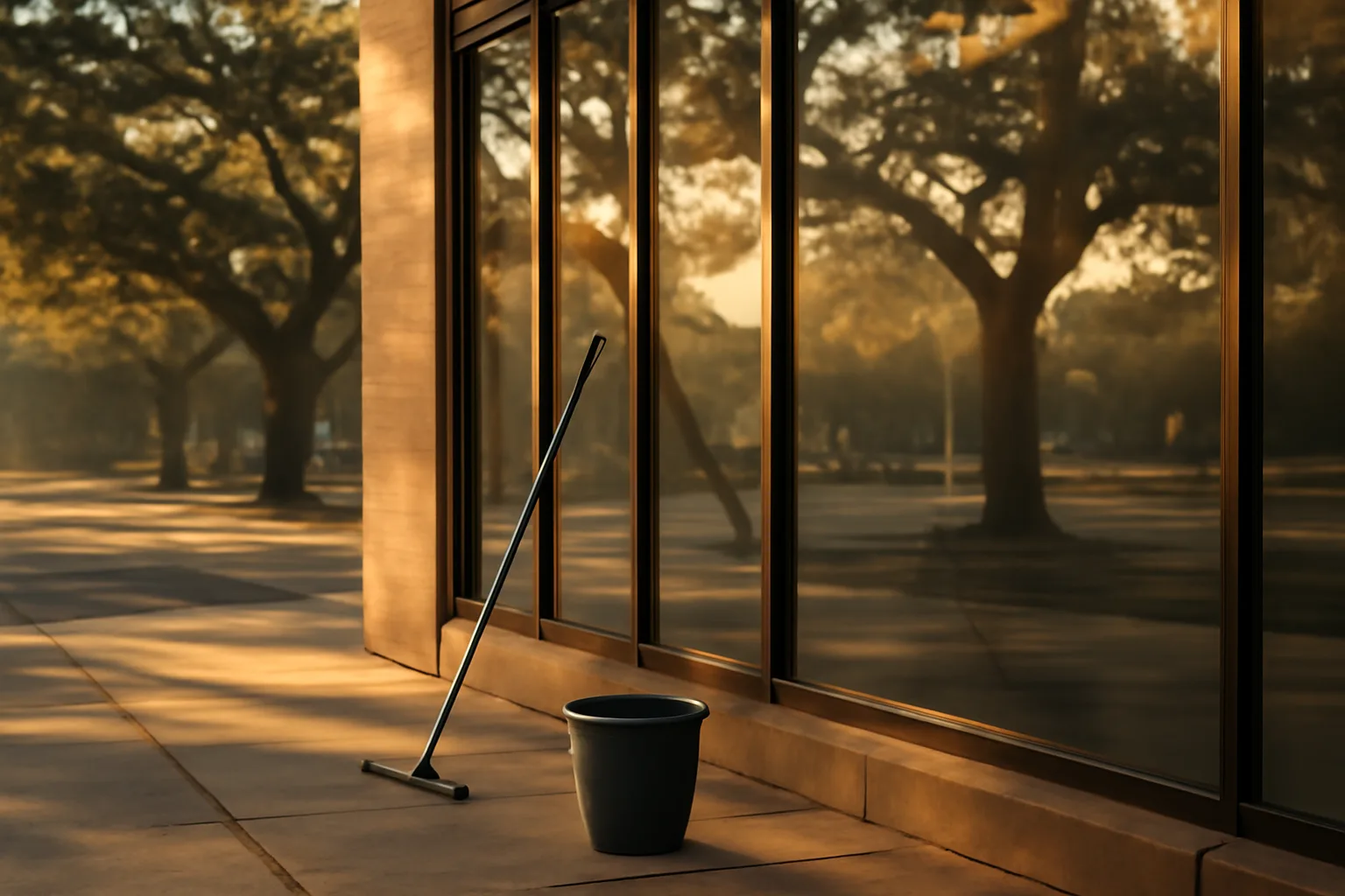 Clean storefront windows on a Texas commercial street in early morning light