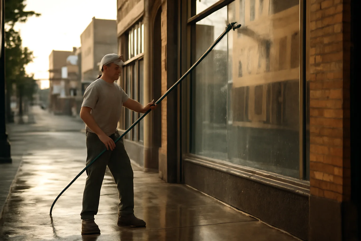 Storefront window cleaner using a water-fed pole on a shop window in Alabama