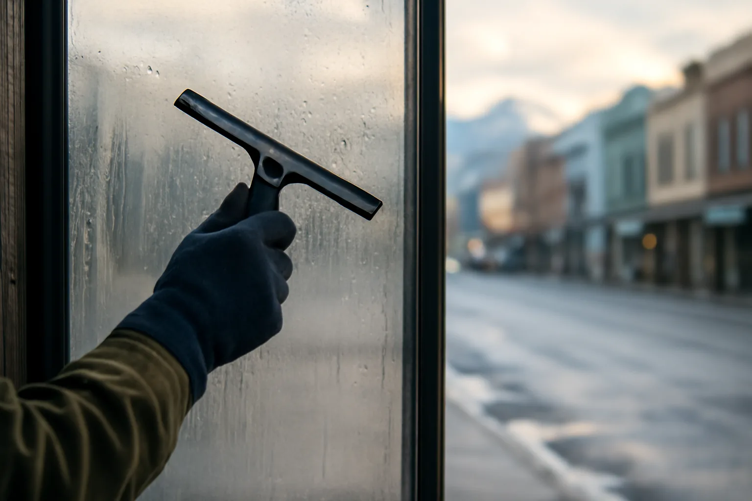 Worker cleaning a storefront window in Alaska