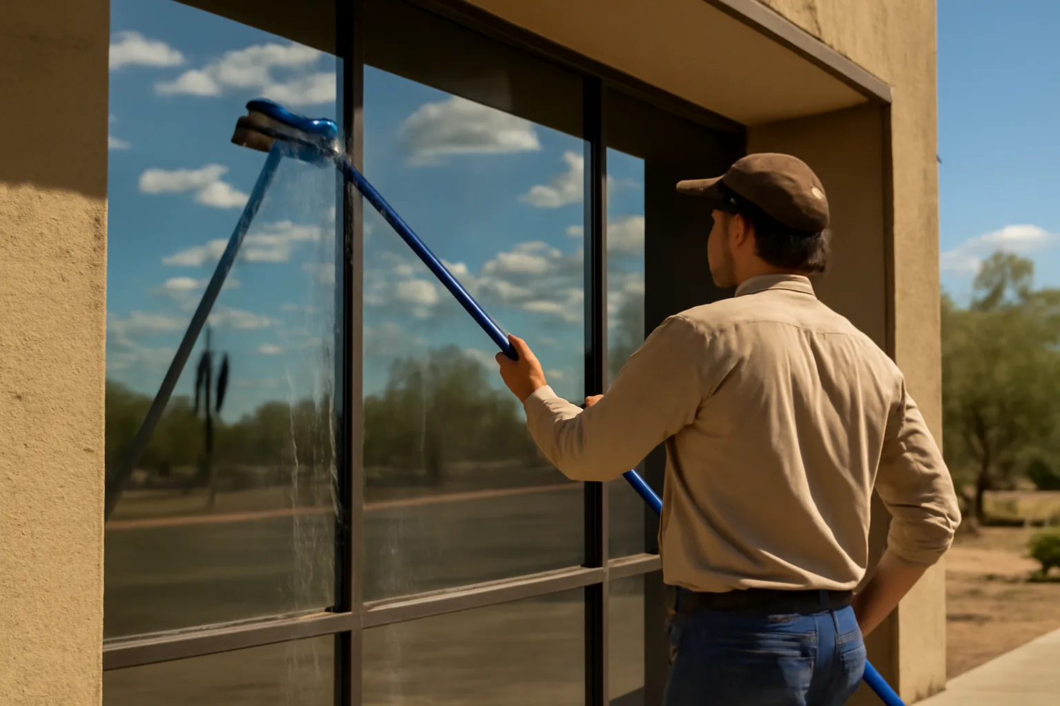 Person cleaning a storefront window with a water-fed pole in Arizona sunshine