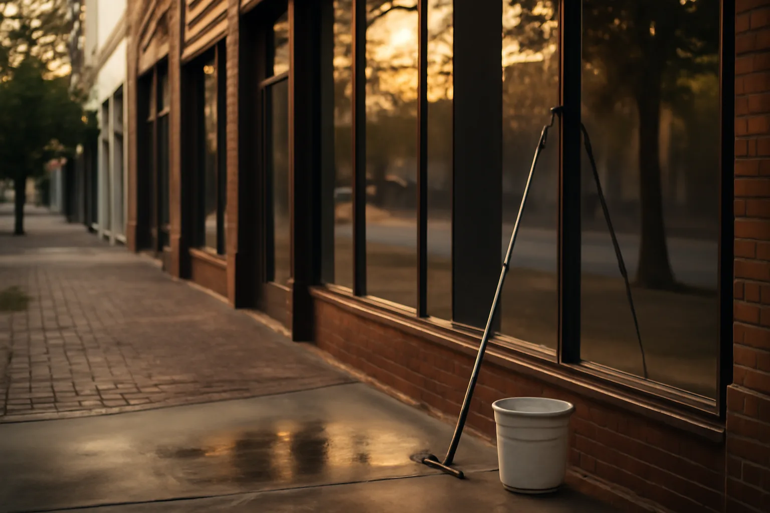 Arkansas storefront windows and a water pole on wet brick