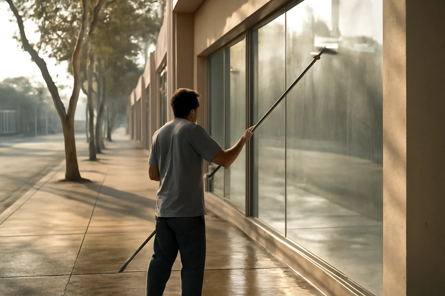 Worker washing storefront windows on a quiet California commercial street