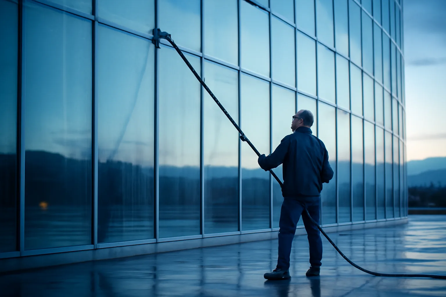Worker washing unbranded glass on a Colorado storefront windows route