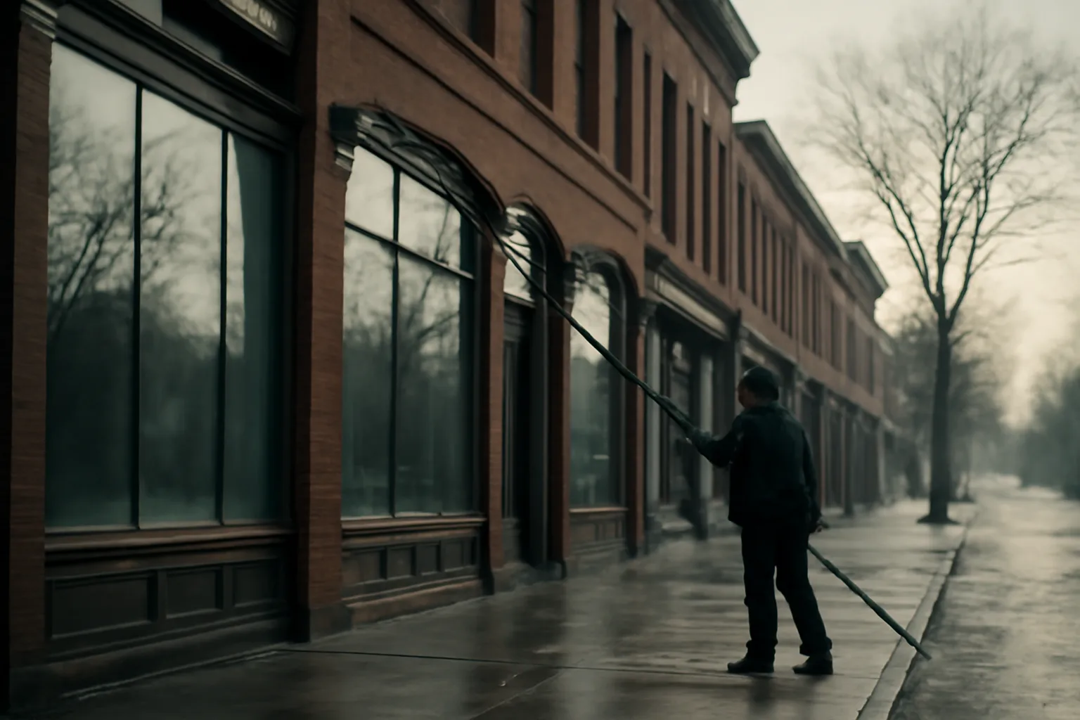 Worker washing Connecticut storefront windows on a brick street