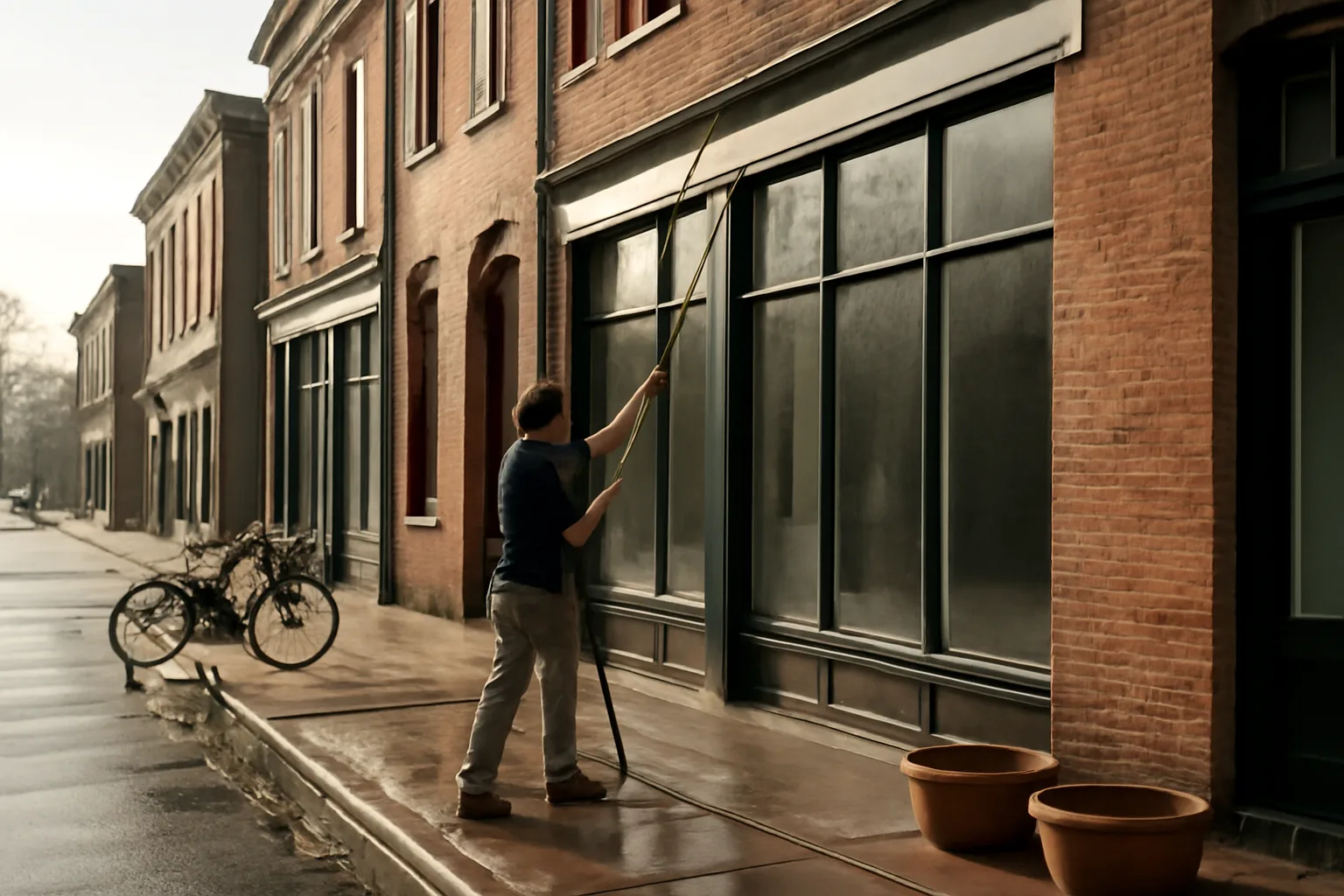 Worker washing unbranded storefront windows on a Dover street