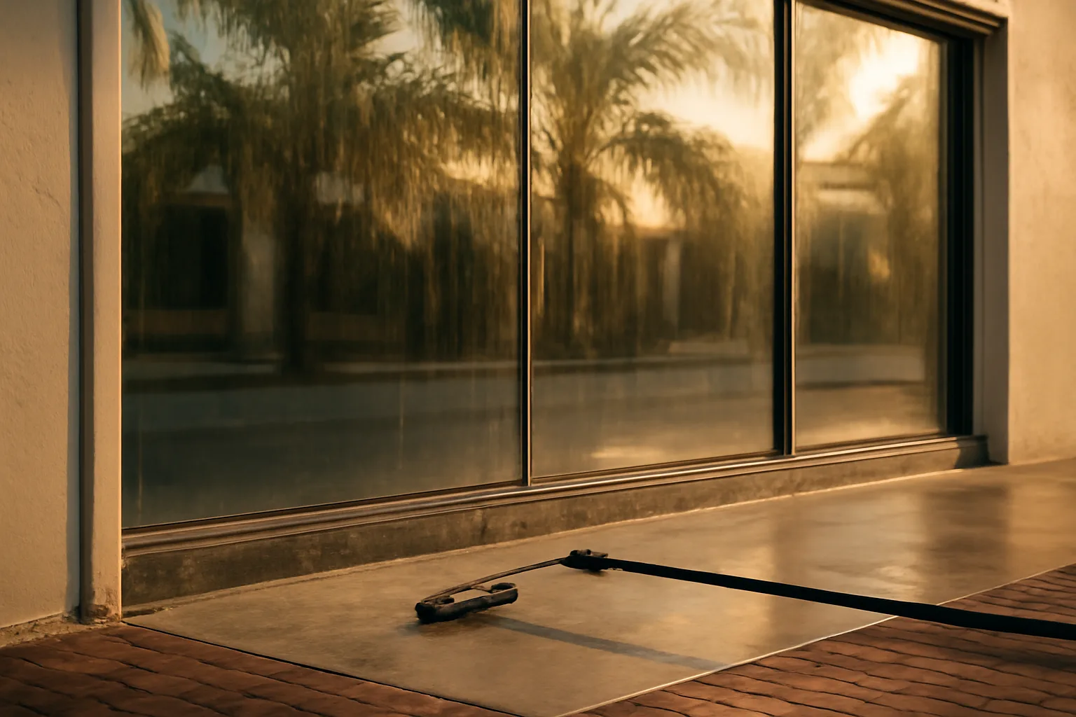Wet Florida storefront glass and a pole on an empty sidewalk