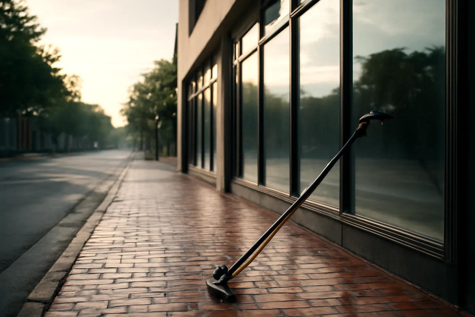 Water-fed pole by a clean Georgia storefront window at sunrise