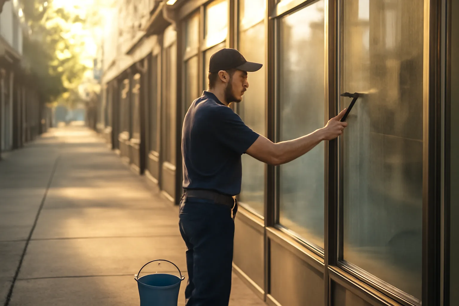 Window cleaner with squeegee cleaning storefront glass on a Tennessee commercial street