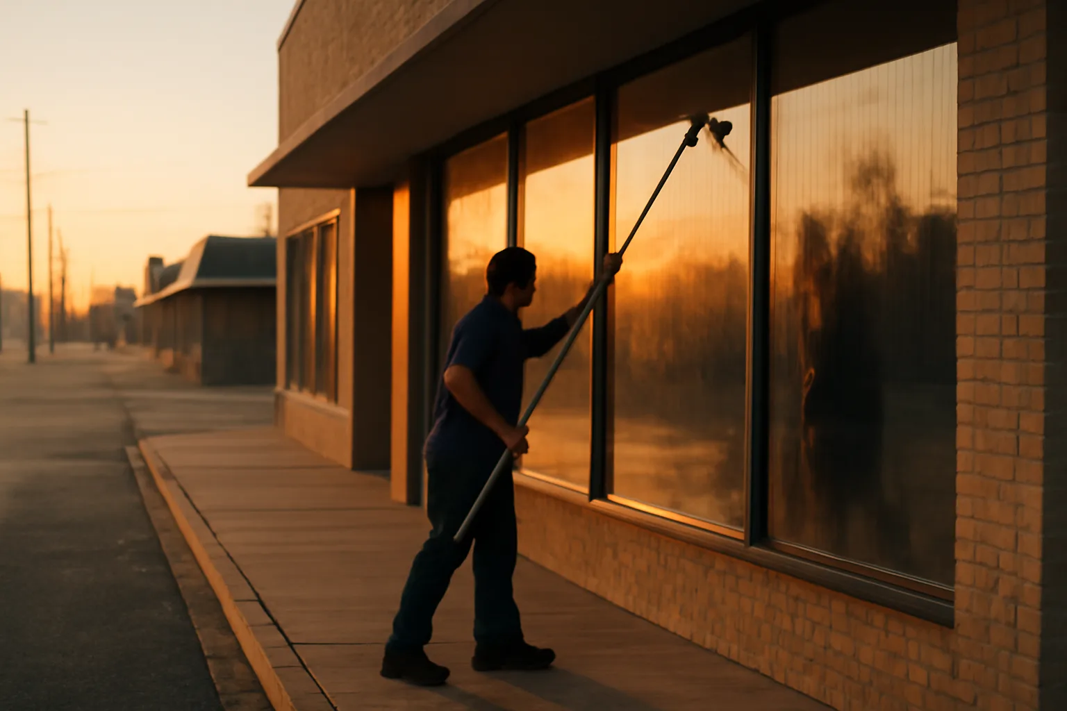 Window cleaner using extension pole on a Texas storefront at sunrise
