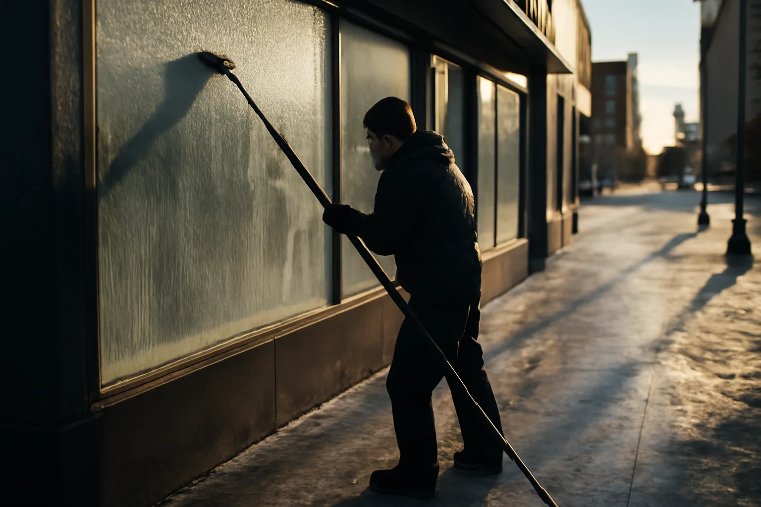 Worker using water-fed pole to clean frosty storefront window in Anchorage Alaska winter