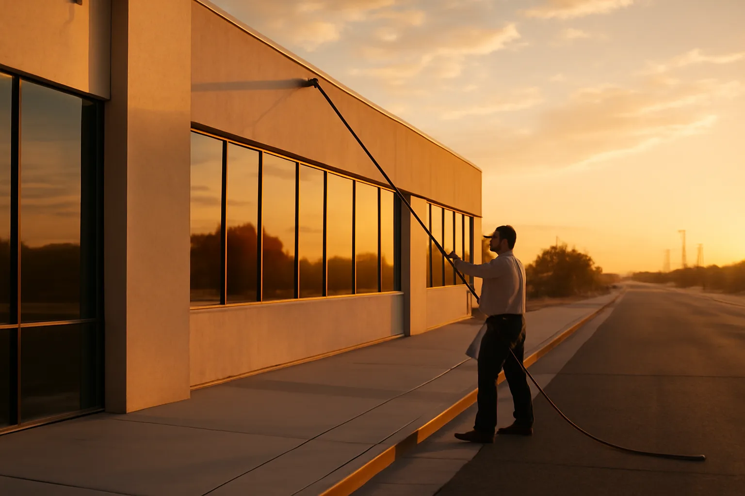 Worker rinsing unmarked Arizona storefront windows at Phoenix sunrise