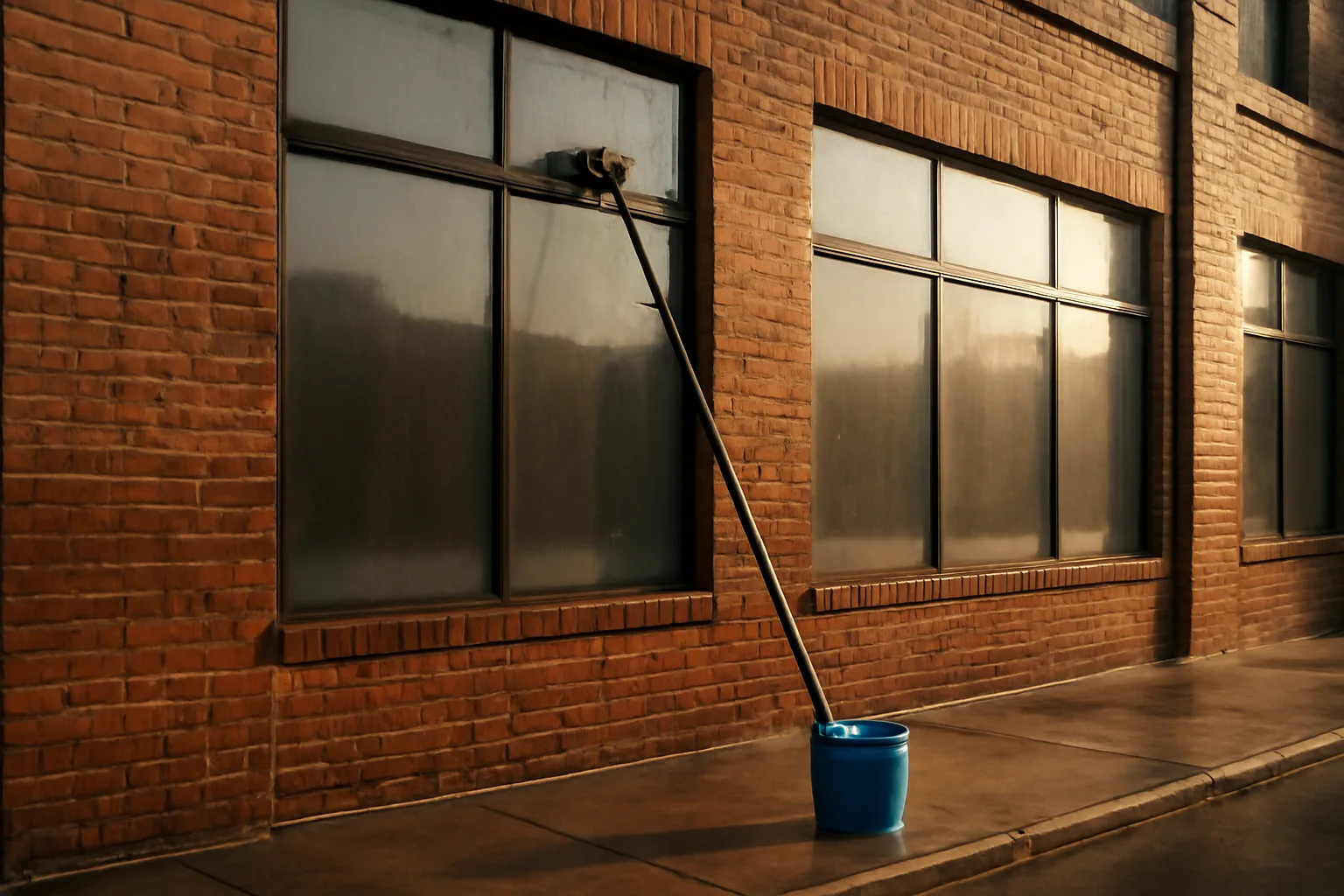 Wet Arkansas storefront windows on a brick commercial facade at morning
