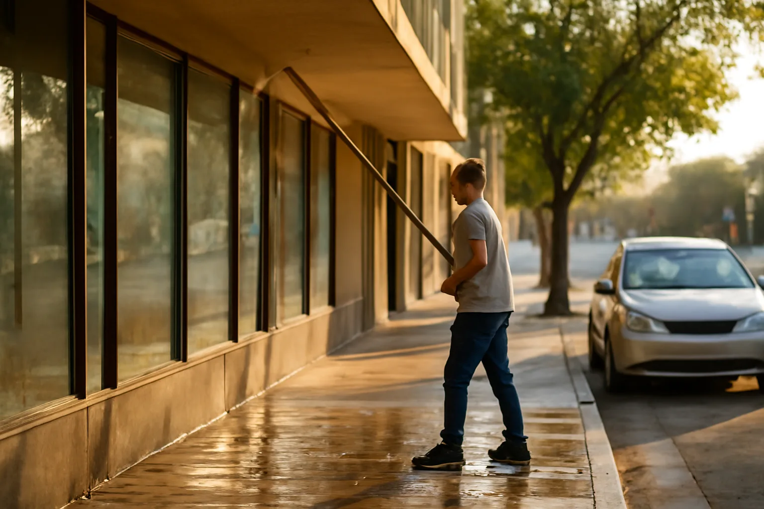 Worker rinsing storefront windows on a California commercial block