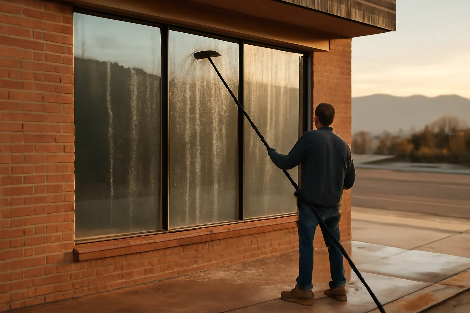 Worker rinsing unmarked storefront windows on a brick Colorado street