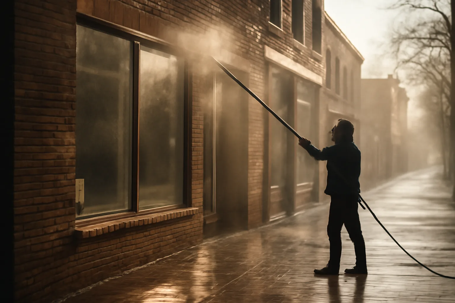 Person washing storefront windows on a wet Connecticut commercial street